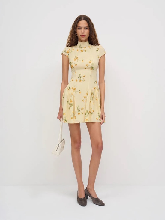 Reformation Dresses & Skirts - Reformation Maven Pale Yellow Floral Mock-Neck Mini Dress